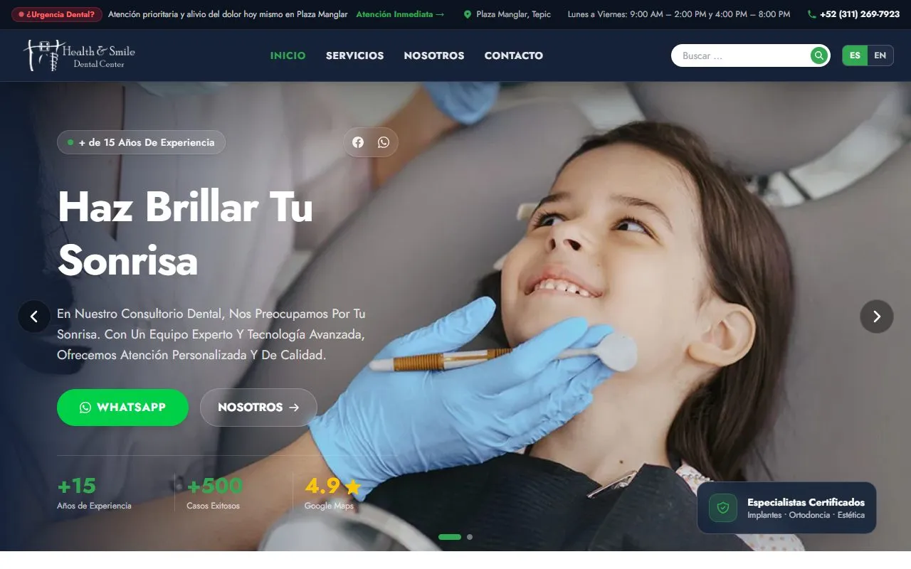 Vista de escritorio del sitio hsdentalcenter.com, clínica dental en Tepic, Nayarit